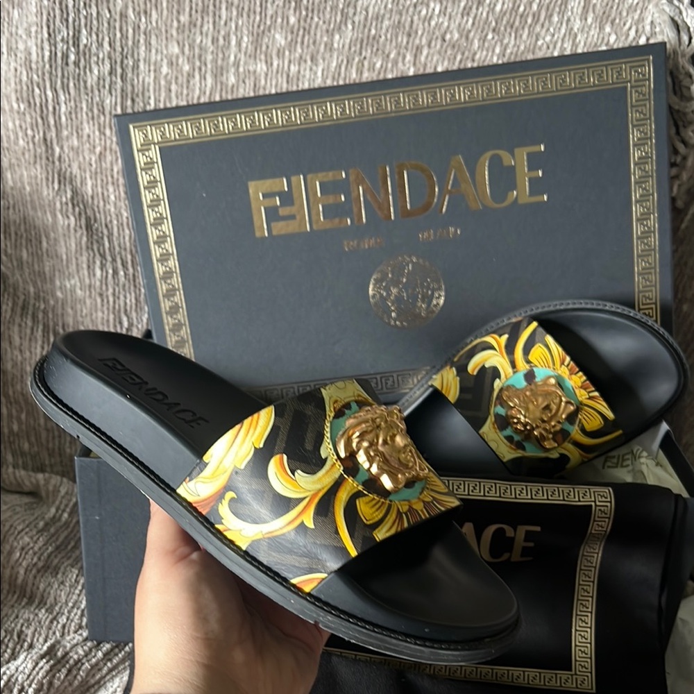 Fendi X Versace Fendace Medusa Head Black and Gold Slides